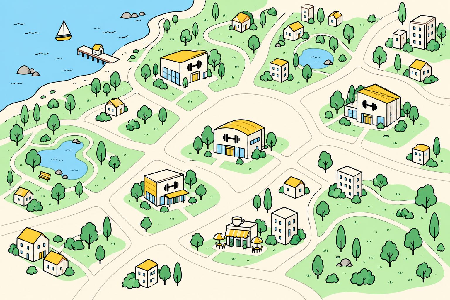 An illustrated fictional neighbourhood, with gyms among leafy streets and a small waterfront.